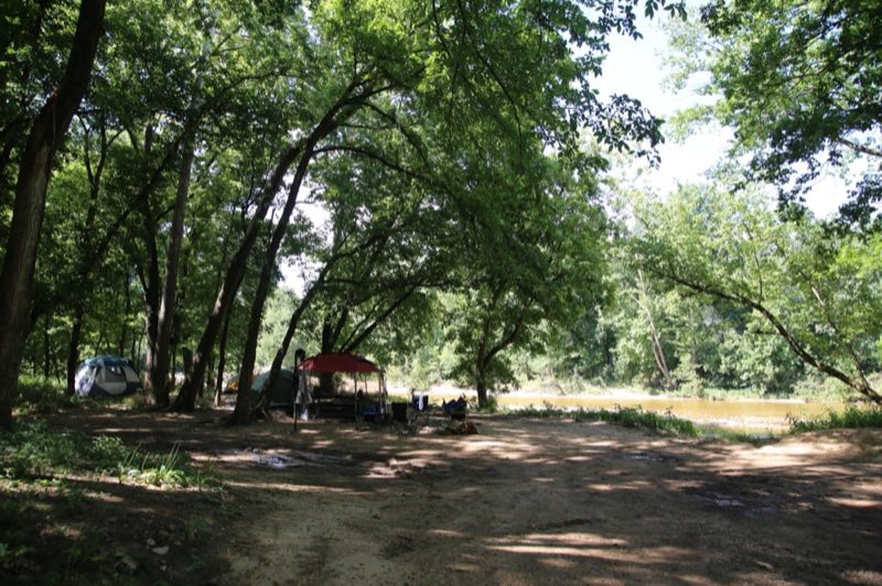 A shaded campsite right next to the water's edge.