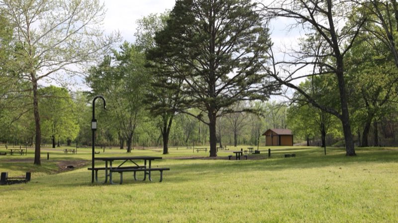 A freshly-mown campground with picnic tables, lantern posts, and a restroom.