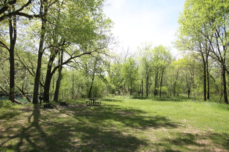A sunny, grassy campsite along a river.