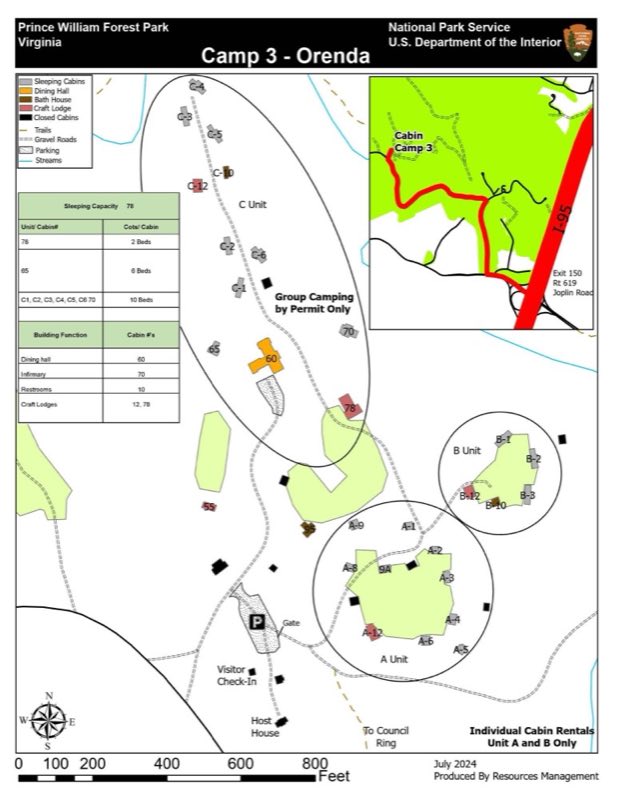 Map of Cabin Camp 3 showing the cabin units, parking, and directions to the camp