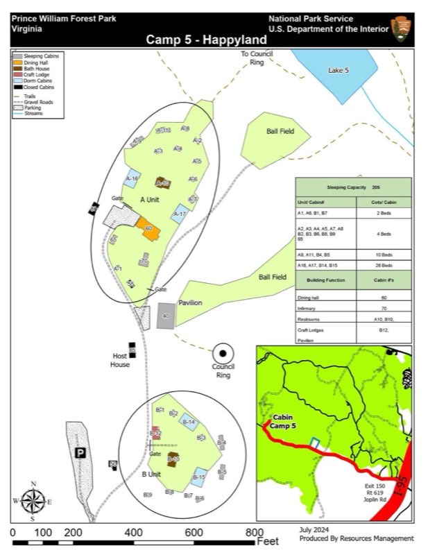 Cabins are split in two units - A and B. Between them is a fire ring and two ballfields.