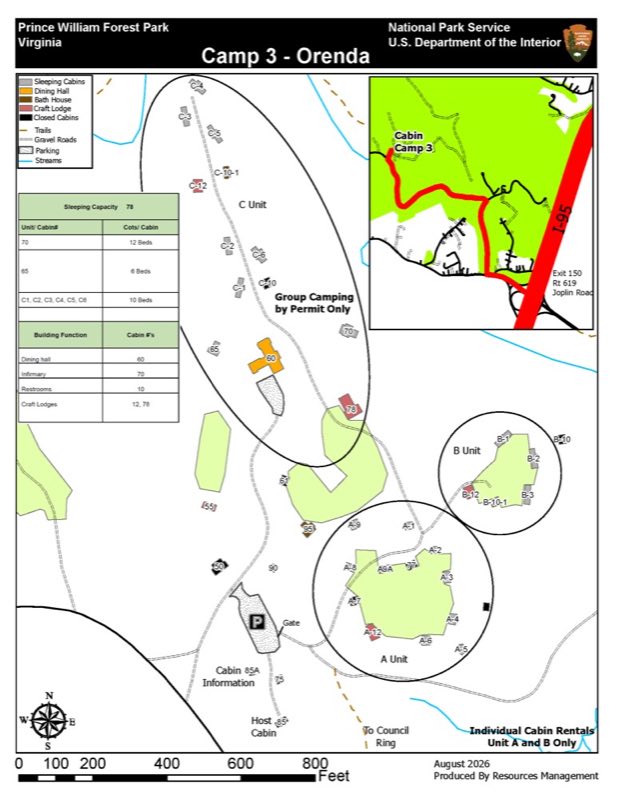 The C unit is north of the individual cabin rentals. Cabins are arranged in a line