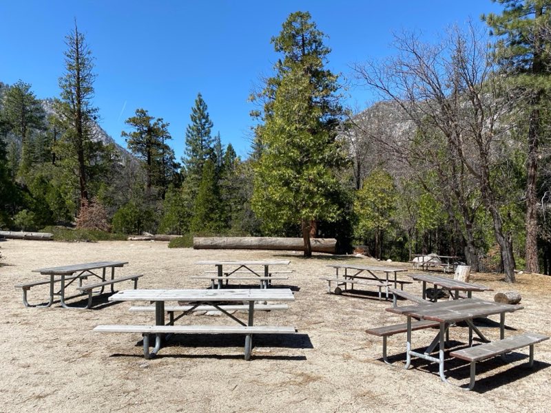 A group site at Canyon View Campground features several picnic tables in a circle.