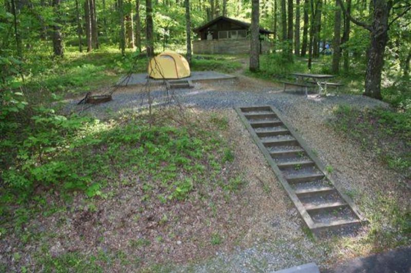 Steps lead to a tent only site occupied by a yellow tent