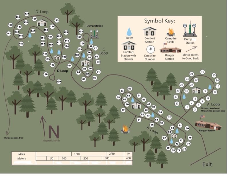 Overhead view of campground with numbered camp sites and locations of buildings