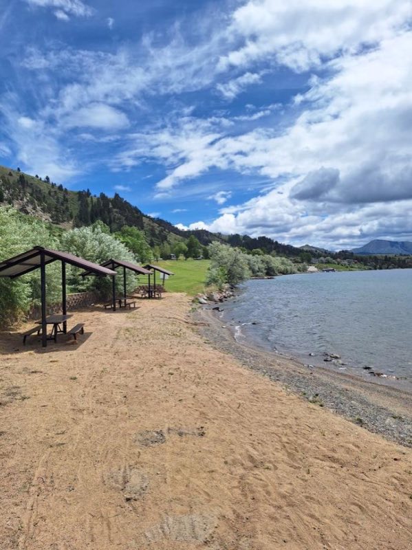 Swim beach and picnic shelters