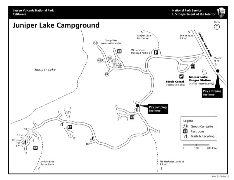 A map of the campground indicating sites branching off a single road.