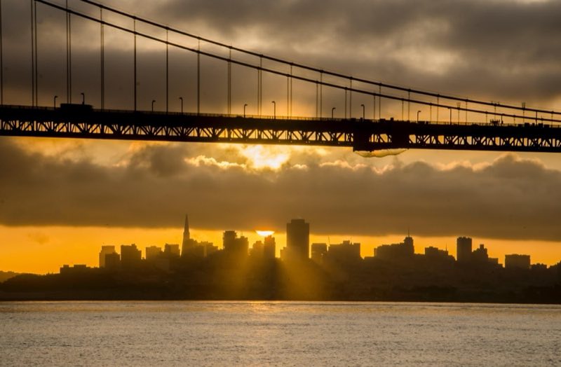 San Francisco skyline against an orange sky and cloud cover framed below the Golden Gate Bridge.
