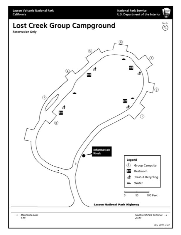 A map of an oval loop with 8 campsites.