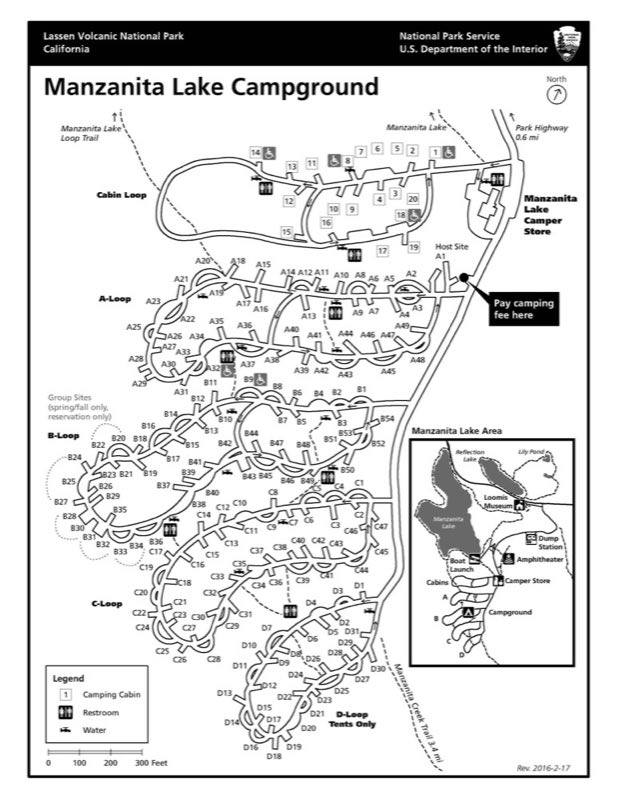 A map of a campground showing five loops connected by a road to the right.