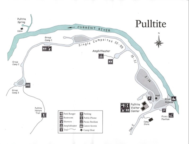 A map showing campsites, restrooms, ranger station, river access, phone, information