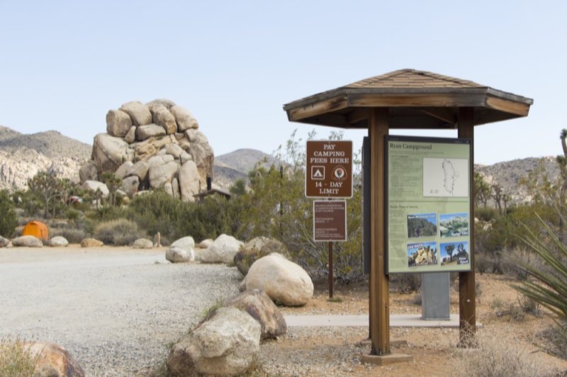 An unpaved road and campground signage is surrounded by vegetation and rock formations.