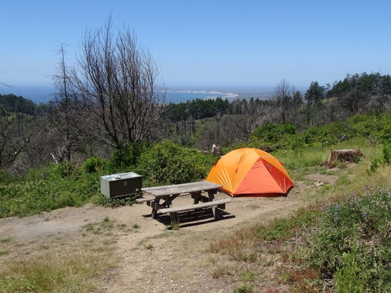 A campsite containing a small orange tent, a picnic table, and a food storage locker.