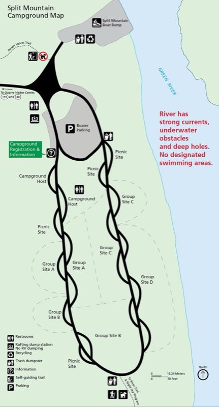 Map showing the layout of the Split Mountain Campground and area features.