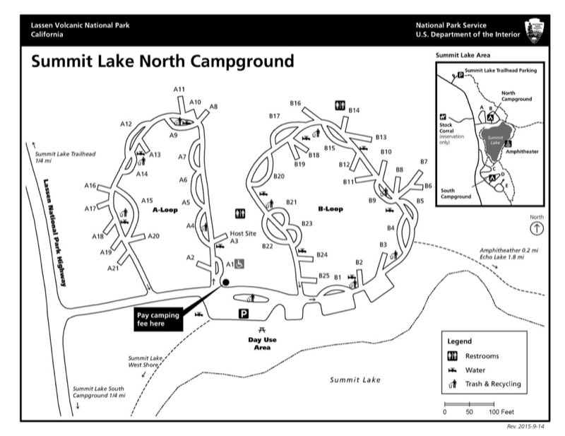 A map of a campground with two side-by-side loops A and B and a day use area on the shore of lake.