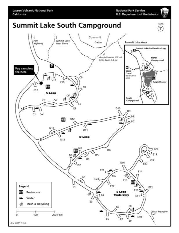 A map of a campground with three vertically stacked loops numbered C through E.