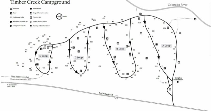 This is a map of Timber Creek Campground, divided into four loops (A-D) with numbered campsites. It shows key facilities like restrooms, water stations, food storage lockers, firewood sales, and an amphitheater. Accessible sites and a ranger station are also marked. The campground is near the Colorado River, with nearby trails leading to the Holzwarth Ranch Historic Site. Trail Ridge Road (Hwy 34) provides access, and the map is oriented with north at the top.
