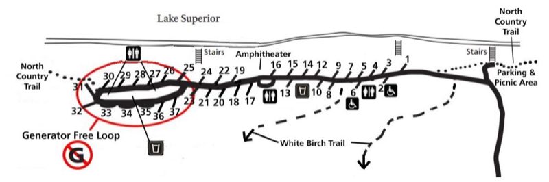 Twelvemile Beach Campground Map showing site numbers and locations